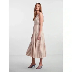 ANIMALE TIERED STRIPE TIE WAIST V NECK COTTAGECORE PRAIRIE MAXI DRESS SIZE 40/S